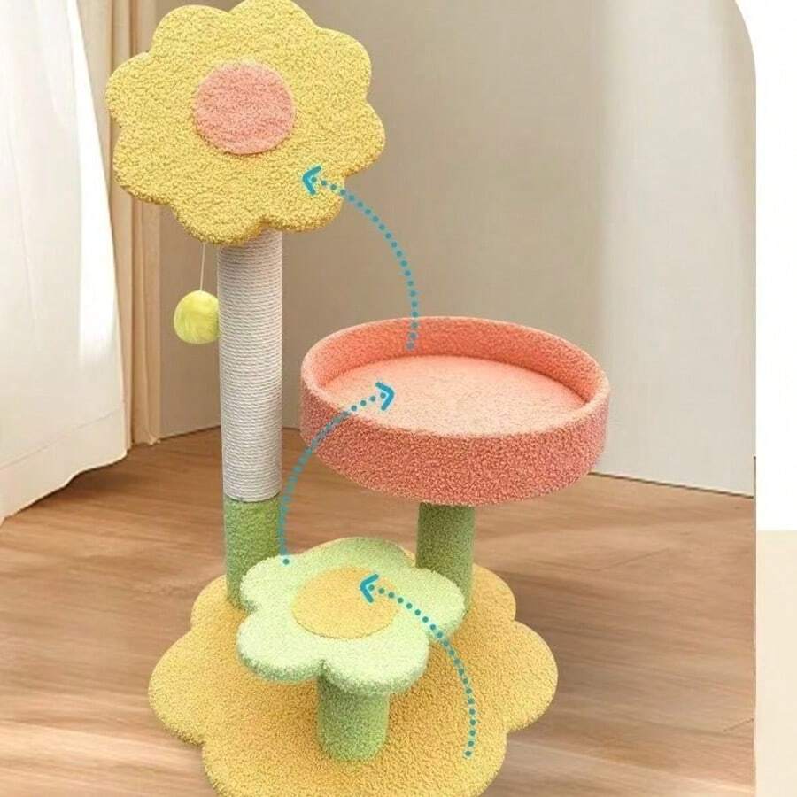 1 件彩色猫爬架和猫床三合一猫咪游乐场，3 层结构，剑麻杆，猫球玩具，耐用宠物用品 - 彩色 - 查看 1