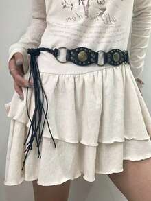 西部牛仔女式人造革腰带，新款，美式复古棕色铆钉腰带，百搭牛仔裤，适合夏季、秋季、万圣节等场合 - 黑色 - 查看 16