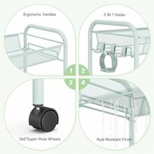 KK KINGRACK TOOLF 4 层滚动推车，带 3 个挂钩的金属实用推车，易于组装的带轮移动存储手推车，金属搁架单元厨房浴室洗衣房户外装饰 - 綠色 - 查看 4
