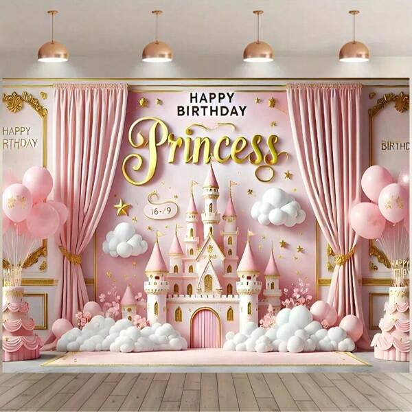 1pc Pink Cozy Princess Castle Birthday Party Backdrop Banner, Pink Castle-Cake-Balloon Design, Polyester Birthday Party Photo Backdrop, Cake Table Photography Decor, Suitable For Birthday, Party, Celebration, Indoor/Outdoor Garden Party Decoration, Multiple Sizes Available, No Power Required