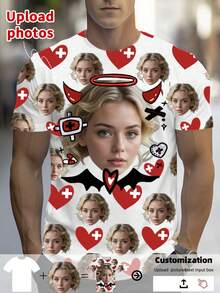1 PC Custom Men's Halloween T-Shirt, Customize Your Own Graphic Tees, Custom Halloween Clothes, Men's Shirts, Customized Girlfriend Or Wife Face Photo T-Shirt, Halloween Heart Graphic Shirt, Unique Holiday Gift, Anniversary Gift, Personalized Men's Clothing, Gifts For Him, Sports T-Shirt, Party Clothes - Multicolor - View 1