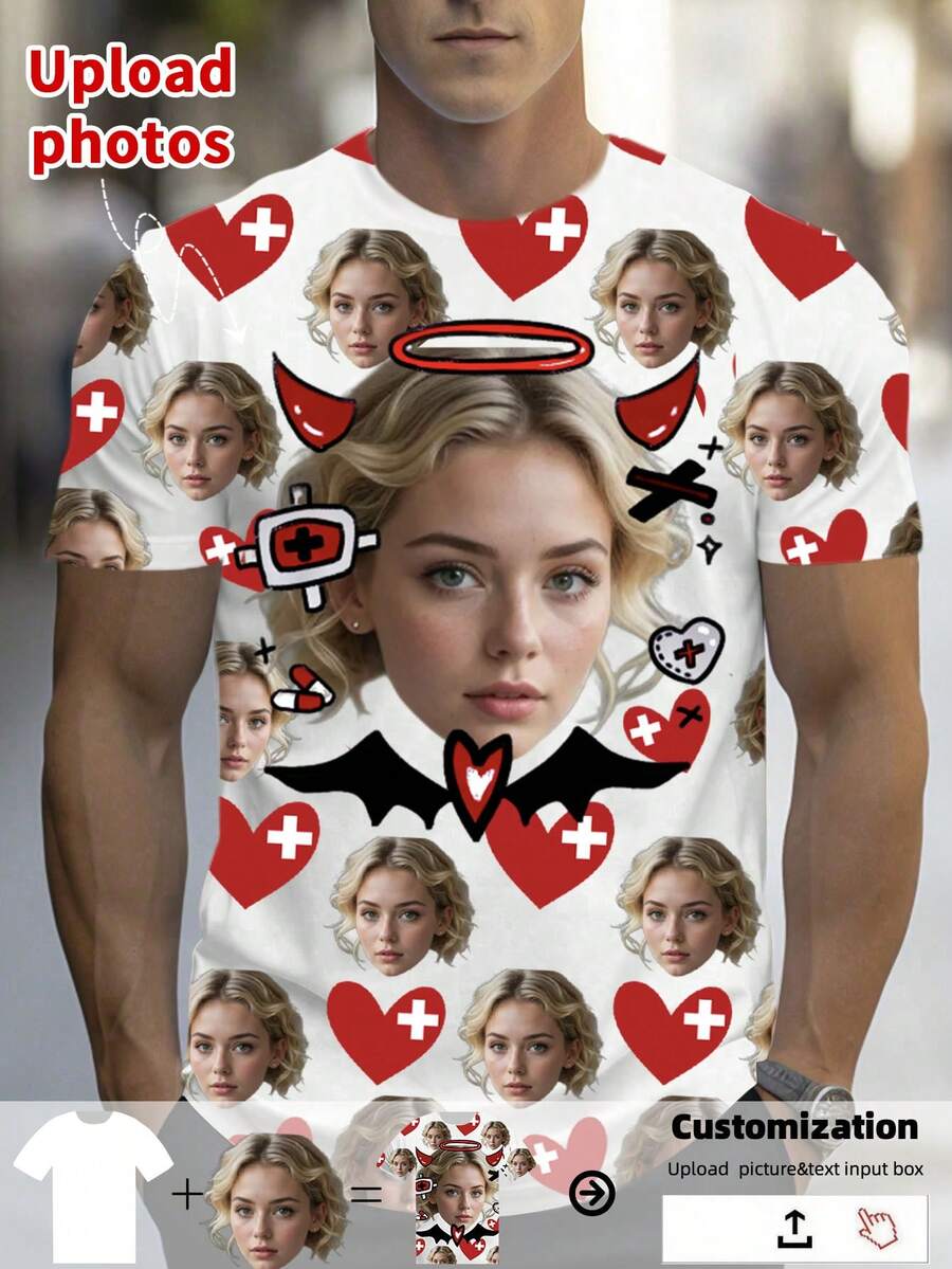 1 PC Custom Men's Halloween T-Shirt, Customize Your Own Graphic Tees, Custom Halloween Clothes, Men's Shirts, Customized Girlfriend Or Wife Face Photo T-Shirt, Halloween Heart Graphic Shirt, Unique Holiday Gift, Anniversary Gift, Personalized Men's Clothing, Gifts For Him, Sports T-Shirt, Party Clothes - Multicolor - View 1