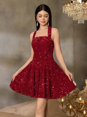 Alisa&Leo 少女亮片露背派对连衣裙 - 合身紧身胸衣和喇叭裙，适合毕业舞会、婚礼宾客服装、学校正式活动和节日晚会