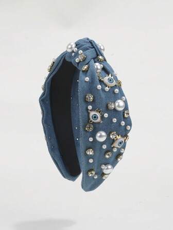 1pc Women's Knotted Top Hairband With Crystal Rhinestone & Pearl Evil Eye Design, Shiny Hair Accessory, Hair Band, Diadema, Hair Hoop, Headbands