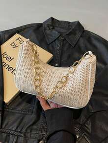 时尚纯色编织新月形女士手提包，配有金属链条肩带，可用作手提包、单肩包、托特包、沙滩包、休闲编织包和手机包，夏季必备，适合度假和假日，沙滩包，适合夏季、度假和日常使用，旅行必备。 - 米色 - 查看 4