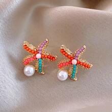 1 Pair Of Fashionable And Elegant Bohemian Starfish Earrings With Colorful Beads And Imitation Pearls, Golden Alloy Design, Suitable For Seaside Holiday Casual Wear Jewelry - 1對 - 查看 1