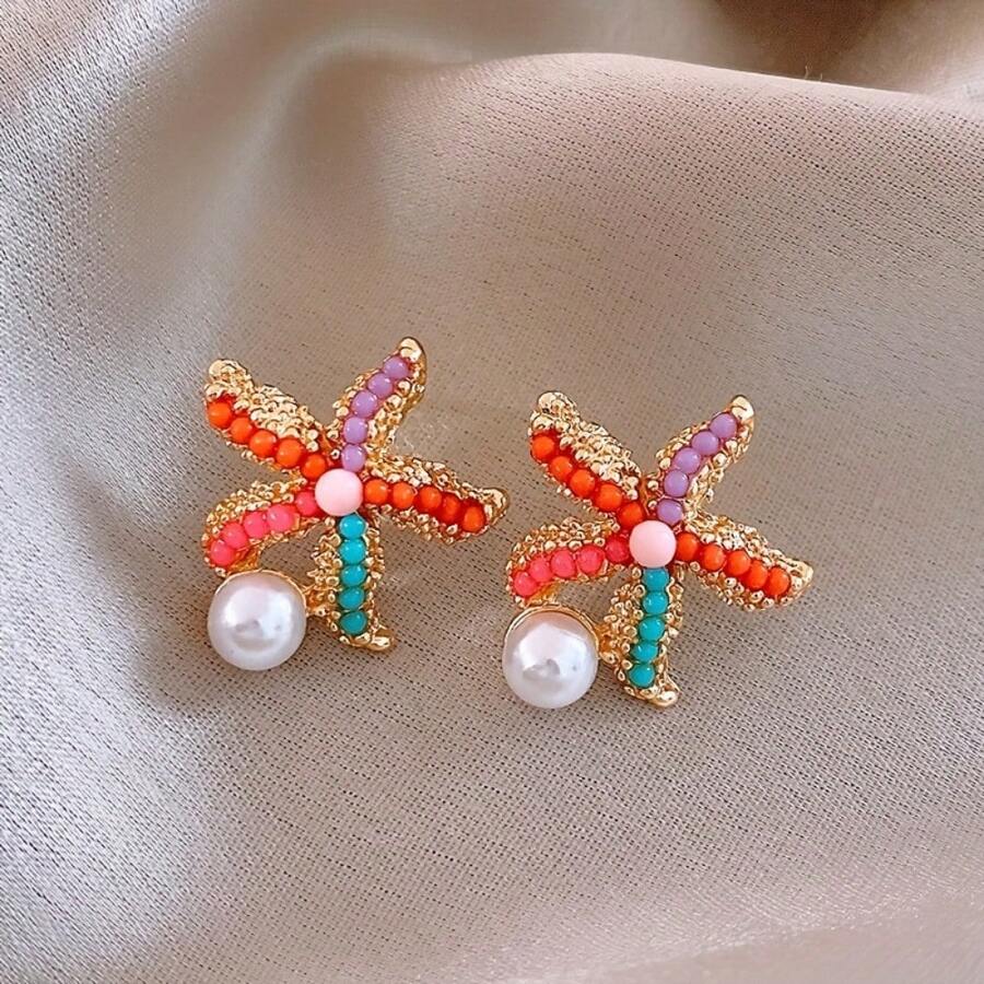 1 Pair Of Fashionable And Elegant Bohemian Starfish Earrings With Colorful Beads And Imitation Pearls, Golden Alloy Design, Suitable For Seaside Holiday Casual Wear Jewelry - 1對 - 查看 1