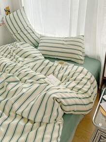3 件套 100% 涤纶复古绿条纹印花羽绒被套，2 个枕套 + 1 个羽绒被套（无床单），柔软舒适，适合所有季节
