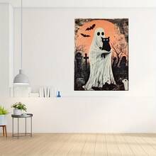 2D 平面，1 件装饰艺术现代复古万圣节帆布海报 - 白床单抱着黑猫和包裹，满月下的蝙蝠和墓碑，鲜艳的橙色和黑色高清印刷在包裹的帆布框架上，可直接悬挂在卧室、客厅的墙壁装饰中，独特的礼物创意，万圣节装饰，节日房间装饰，幽灵艺术品，高清艺术品，家居装饰，家居装饰品，2D 平面 - 彩色 - 查看 4