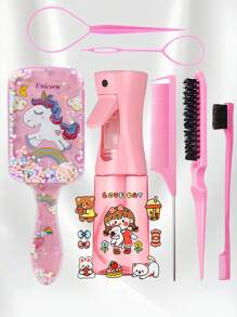 4/6/8Pcs Hair Brush Set And Continuous Spray Bottle(6.8 OZ / 200 ML) With Cartoon Design Waterproof Temporary Tattoos, Ultra Fine Spray Bottle And Edge Brush Bristle Brush Rat Tail Comb Teasing Brush Set For Smoothing Hair, Hairstyling, Cleaning, Salons