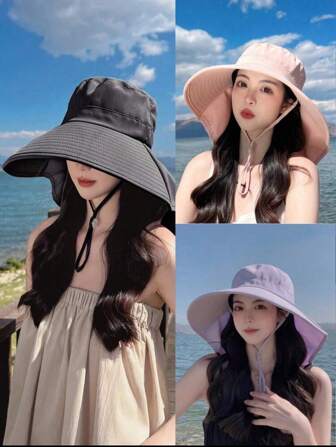 1 件女士户外宽边遮阳帽，时尚遮阳渔夫帽，带马尾孔，款式随机，春夏