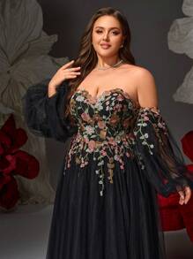 VIPGIRL Black Floral Embroidered Off Shoulder Ball Gown With Detachable Sleeves, Tulle Plus Size Formal Dress For Prom, Gala, Wedding Guest,Evening Dress Women Dresses,Evening Gowns Formal Plus