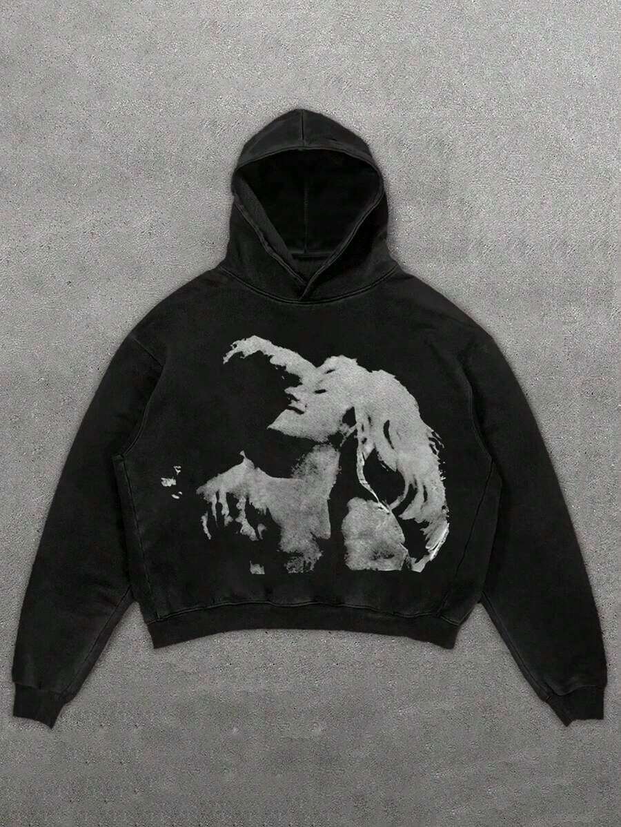 Men's Casual Portrait Print Lounge Pullover Hoodie - 黑色 - 查看 1