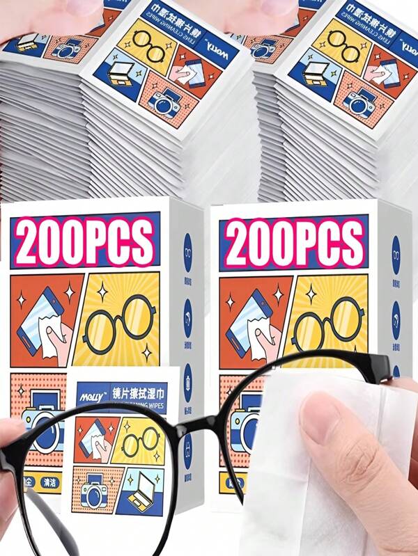 200 Pieces, Glasses Cleaning Wipes, Disposable, For Wiping Lenses, Removing Oil, Glasses Care Cloth, Mobile Phone Screens, Computer Screens, Camera Lenses, Glass Cleaning, Special Cleaning Wipes, Sufficient Moisture, Moderate Hardness, No Damage To Glasses, Super Mini, Independent Packaging, Portable, Exquisite, Beautiful, Cute, Home Life Travel Essential