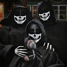 成人死神服装套装 - 包括长袍、恐怖镰刀、令人毛骨悚然的面罩和幽灵手套 - 吸血鬼主题涤纶角色扮演服装，带有精细的万圣节造型设计，让您脊背发凉 - 彩色 - 查看 5