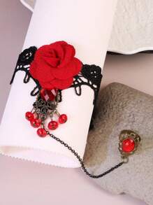 1 Stück Damen Gothic Dunkel Stil Halloween Europäisch und Amerikanisch Retro Spitze Rote Rose Finger Armband