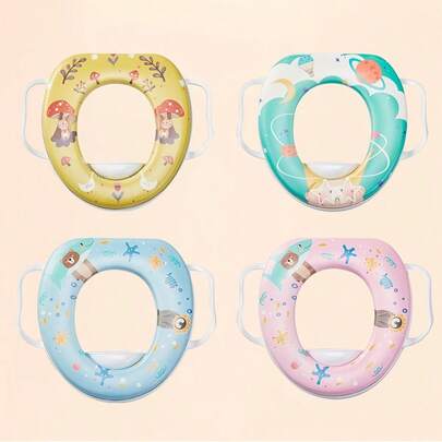 柔软青少年如厕训练座椅带把手 - 可拆卸坐垫，卡通设计，适合男孩和女孩