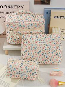 Corduroy Floral Print Travel Cosmetics Bag Set Multi-Functional Makeup Clutch Pouch Portable Handheld Item Organizer Bag Large Capacity Cosmetics Storage Bag Blue Flower Pattern Makeup Brushes Storage Bag Practical Travel Toiletry Bag With Ribbon Zipper Children's Pink Floral Pencil Case Lovely Make Up Handbag Practical Clutch Pouch For Daily Use Travel Essentials Cruise Essentials Dorm Essentials Storage Bag - Multicolor - View 2