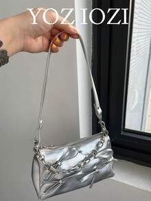 褶皱蝴蝶结装饰托特包，时尚银色链条肩带单肩包，多功能大容量，适合日常通勤 - 銀色 - 查看 1