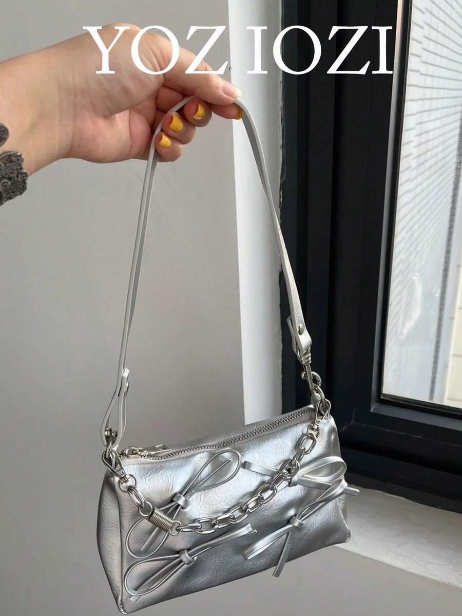 褶皱蝴蝶结装饰托特包，时尚银色链条肩带单肩包，多功能大容量，适合日常通勤 - 銀色 - 查看 1