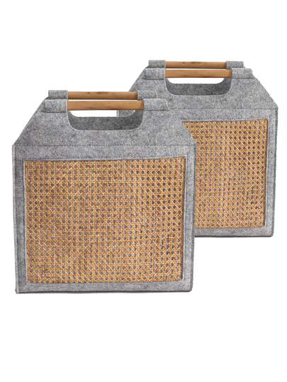 1 件编织毛毡藤条手提包，纯色编织沙滩包，大容量便携式双手柄单肩包