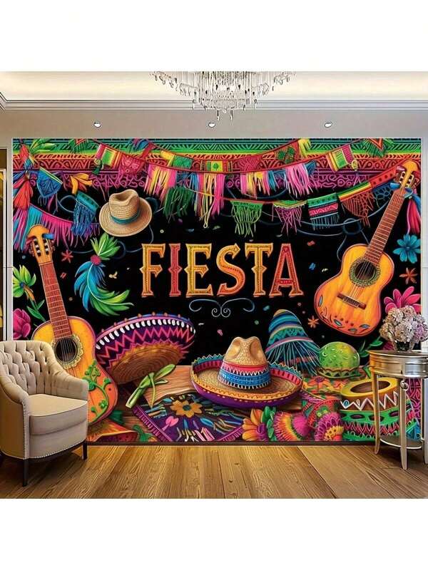 1pc Vibrant Mexican Carnival Photography Background - Fun Cactus & Guitar Props - Perfect For Festive Birthday Parties, May 5th Celebrations - Durable Party Decorations For Memorable Photo Booth Fun