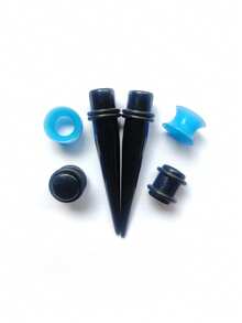 25 件/套异国时尚简约耳塞扩展器套装，尺寸 14g-00g 锥形耳塞，装在一个 OPP 袋中 - 黑色+海藍色 - 查看 3