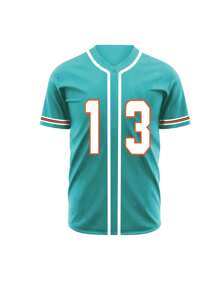 Herren Baseball Trikot mit Stickerei 13 grün lässiges Kurzarm V-Ausschnitt Knopfhemd Party Sport Top