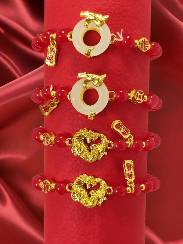 1 Pièce Bracelet De Perles De Bénédiction Du Nouvel An Chinois Avec Dragon Doré Et Perles - Cadeau Parfait Pour La Célébration Du Nouvel An