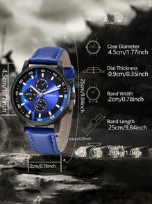 2Pcs Men's Blue PU Leather Strap Casual Three Eye Dial Quartz Watch Bracelet Set Suitable For Daily Wear Or Holiday Gift Giving