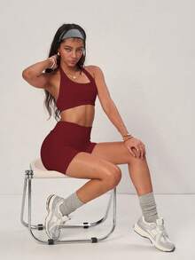 PinkTip Conjunto de camiseta ajustada sin espalda acanalada y shorts de ciclismo con puntas rosas, con soporte sin costuras moldeador, shorts de ciclismo de cintura alta para yoga y deportes casuales - Burdeos - Ver 3