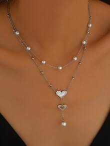 1 chiếc mặt dây chuyền trái tim hai lớp thời trang bằng ngọc trai giả bằng thép không gỉ dành cho phụ nữ, phụ kiện cổ áo tua rua kiểu Pháp gợi cảm cho ngày lễ tình nhân, mẹ, mẹ, ngày của mẹ, quà tặng - Vàng - Xem 3