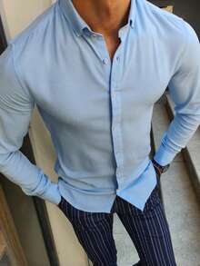 Men's Vintage Style Solid Color Casual Business Commute Slim Fit Long Sleeve Single-Breasted Shirt, Suitable For Spring And Autumn, Great Gift For Boyfriend, Fall - Cadet Blue - View 2