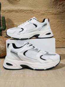 Giày thể thao thường ngày cỡ lớn mọi mùa, giày đế xuồng đế dày, giày thể thao chunky, da và lưới vá, thoáng khí, đa năng, giày cặp đôi thời trang, giày chạy bộ thể thao ngoài trời - màu đen - Xem 3