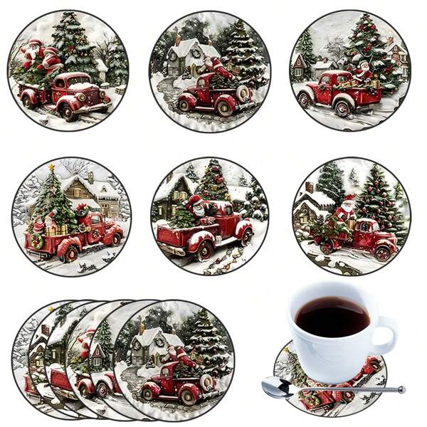 1/6/12pcs Wooden Coaster Set,Christmas Tree And Santa Claus Pattern,Art Desktop Decorations, Suitable For Home Decor, Office, Kitchen, Restaurant, Cafe Desktop Protection, A Must-Have For Holiday Parties,Christmas Decorations, Home And Apartment Decorations Room Decor