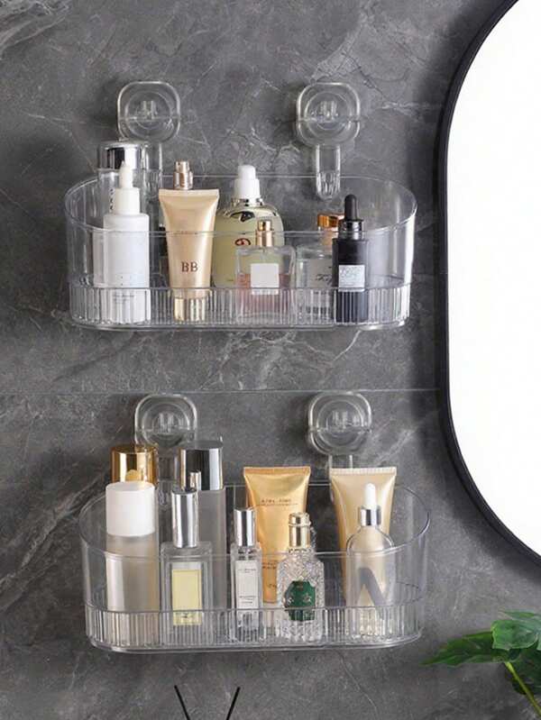 Raqueta de ventosa en el baño, raquetas de almacenamiento libre perforadas en la pared del baño del hogar, ráquea de pared montada sin rastro, rastas para lavabo en baño de baño para cosméticos, productos de cuidado de la piel, champú, aceites esenciales, perfume, lápiz labial, etc.