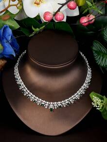 1 Set Minimalist Cubic Zirconia Geometric Green Gemstone Inlaid Jewelry Set, Suitable For Women To Wear To Parties