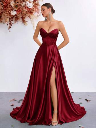 ADYCE Elegant Strapless V-Neck High Waist Slit Backless Tie Maxi Dress, Suitable For Balls, New Year And Other Occasions