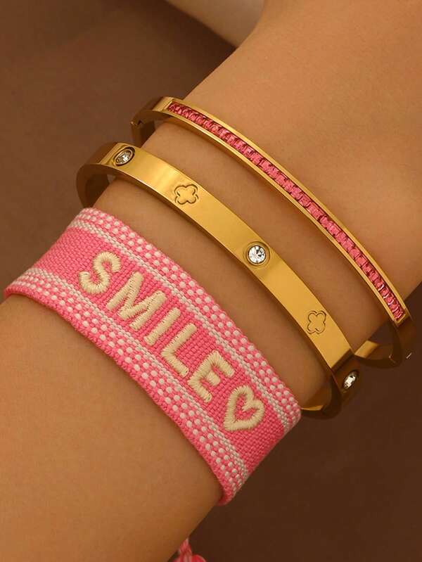 1/3 pièces Ensemble de bracelets à la mode, simples, polyvalents, empilables, vibrants, mignons, imprimés en forme de cœur, brodés et tressés, en acier inoxydable plaqué or 18 carats, poli miroir, plaqué sous vide, imperméable et ne se décolorant pas facilement, accessoire de mode