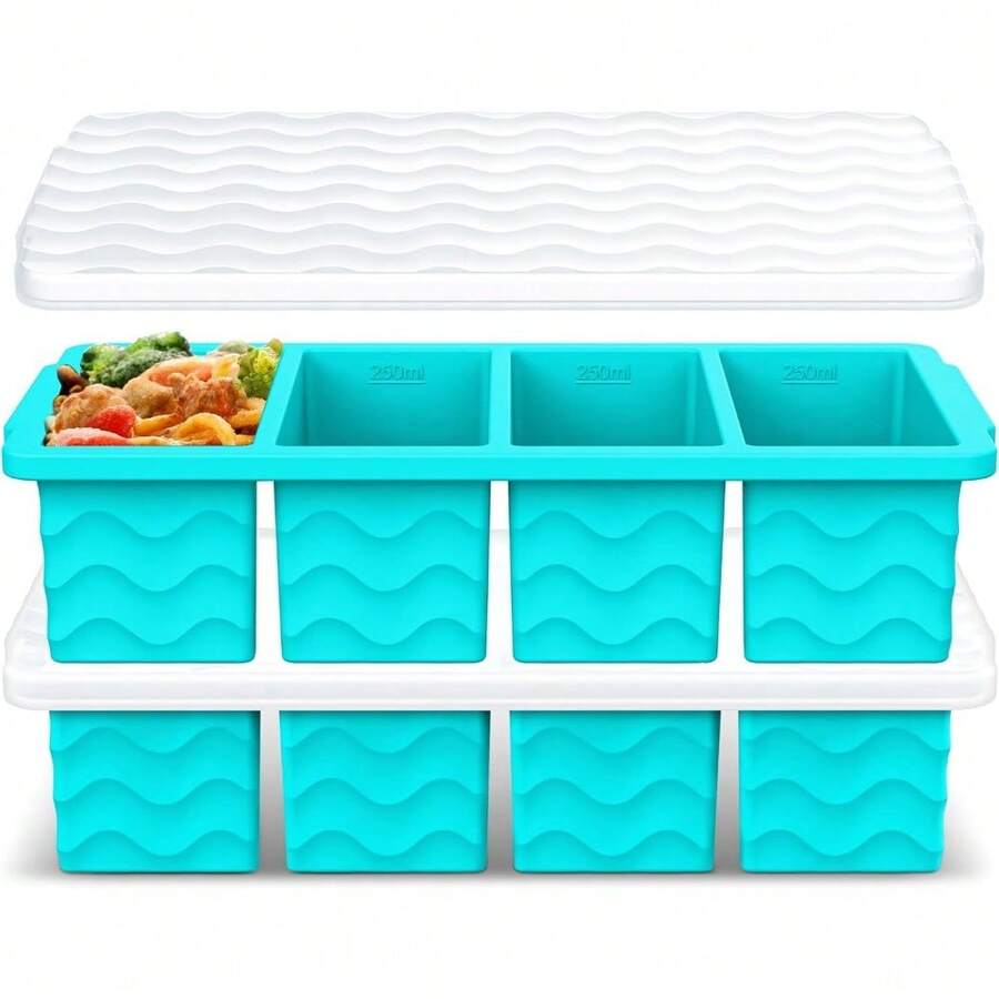 2-Pack Silicone Soup Freezer Trays With Lids - 1-Cup Portion Containers For Broth, Stock & Meal Prep, Leak-Proof Design & Stackable Storage, Perfect For 250mL/125mL Frozen Cubes - 湖藍色 - 查看 1