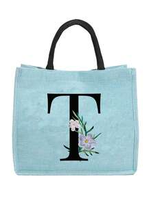 Sunflower & Daisy, Letter A-Z Print Blue Linen Tote Bag, Perfect Holiday Gift, Multifunctional Portable Handbag/Shoulder Bag, Fashion Minimalist Linen Bag, Large Capacity Storage Bag, Gift For Women, Teacher's Day Gift, Cosmetic Bag - Blue - View 79