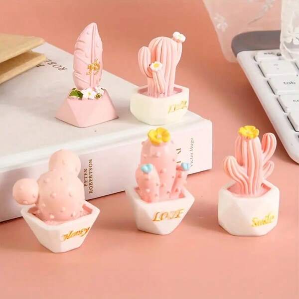 1 set van 5 mini roze cactusfiguren - liefdesslogan, Valentijnsdag-bureaudecoratie, meisjesachtig cartoonthema van hars als decoratieve accessoires, geschikt voor verschillende kamertypes, binnenhuisdecoratie, schattig bureau-ornament