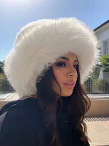 1pc Elegant Solid Color Polyester Faux Fur Patchwork Warm Windproof New Plush Faux Fox Fur Bucket Hat, Thick Ear Protection Bucket Hat For Autumn/Winter