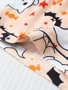 Set pijamă pentru femei 2 piese/set, cu top cu mânecă scurtă, guler cu bordură și pantaloni scurți cu fundă, imprimeu amuzant cu fantomă, păianjen și dovac, primăvară/vară - Caisă - Vizualizare 7