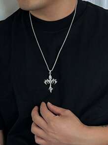 1pc Punk Style Long Flame Cross Pendant Stainless Steel Necklace For Men, Suitable For Daily, Date, Party, Travel Wear, Great Gift For Couples And Friends