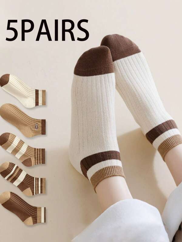 5 Pairs Fashion Versatile Seamless Colorblock Merino Wool Blend Women Short Socks