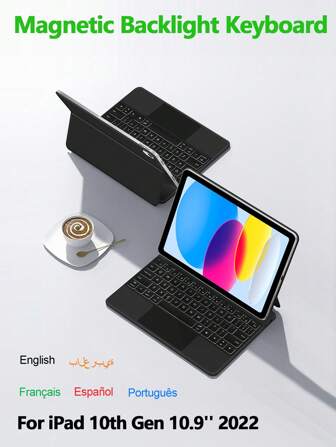 Magic Keyboard-fodral för iPad 10:e generationen 10,9 tum 2022 2020 Smart Keyboards-fodral för A2757 A2696 A2777 A3162 surfplatta med magnetisk bakgrundsbelysning och stativ, arabiska, spanska, portugisiska, franska, ryska