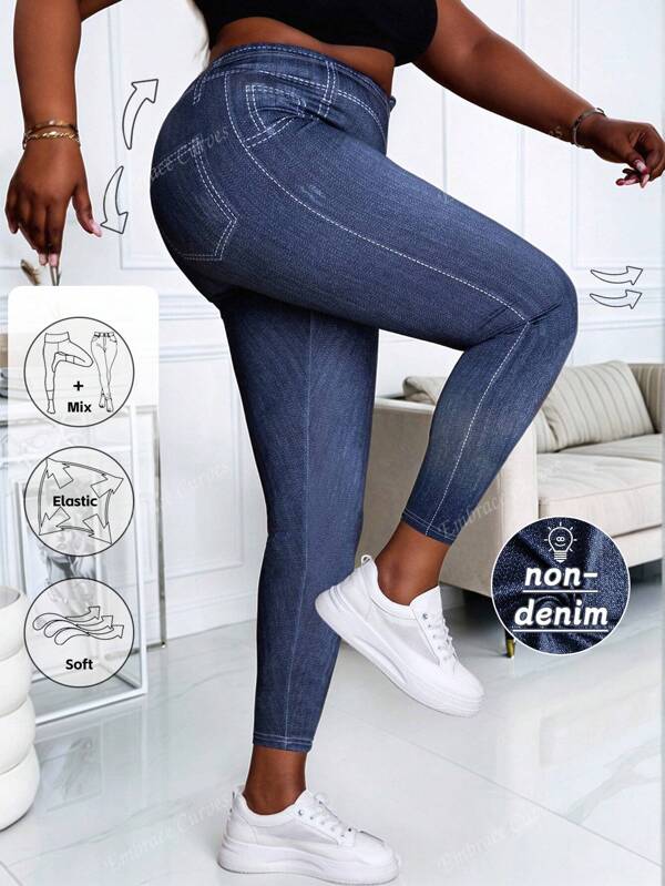 Leggings de longitud completa con estampado de mezclilla para mujer de talla grande - Tejido suave y transpirable, pantalones de fitness de gran elasticidad, mallas sin costuras de talle medio para todas las estaciones