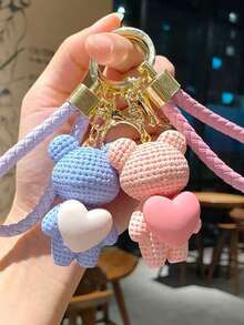 1 件女士粉色创意心形熊和兔子可爱毛绒钥匙扣，精致女友/情侣钥匙扣，手提包吊饰，汽车钥匙扣，日常使用卡通配饰 - 粉色 - 查看 7