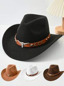 1pc Unisex Retro Western Cowboy Hat With Bull Trim For Everyday Casual Wear, Western Cowboy Parties.